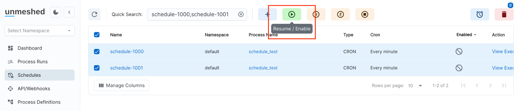 Resume Schedule Action