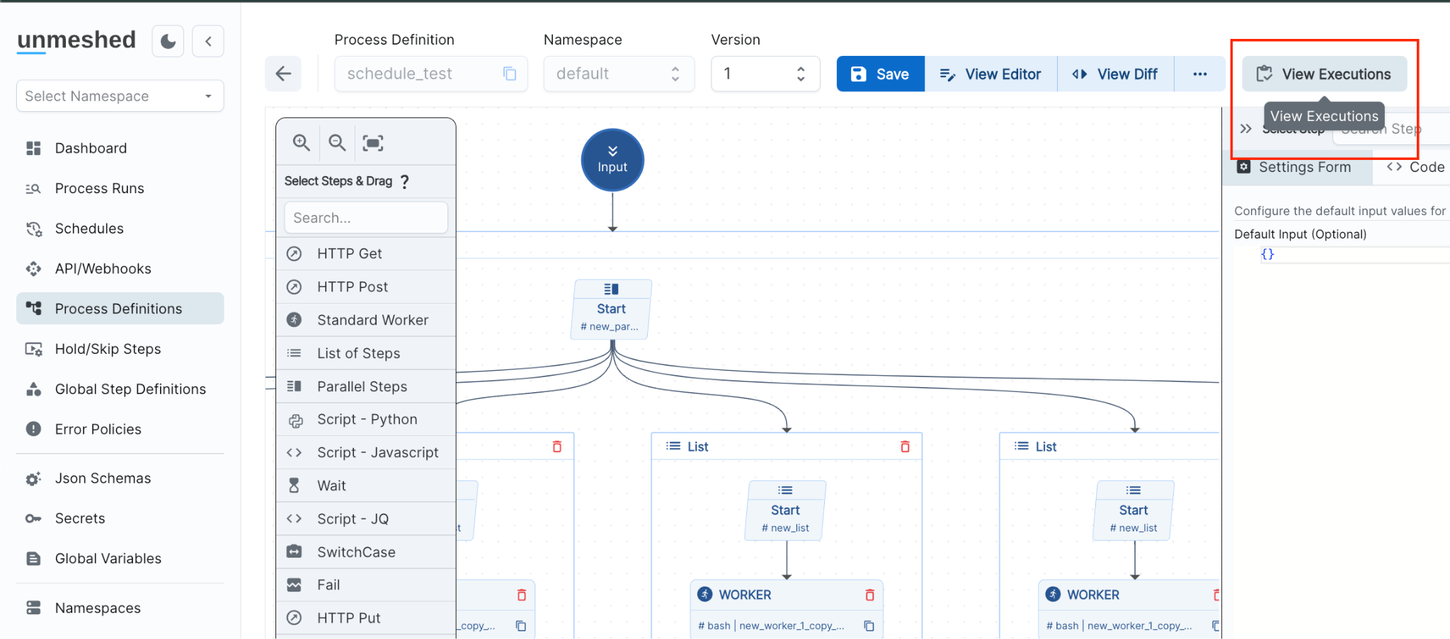 Viewing Executions from Process Definition