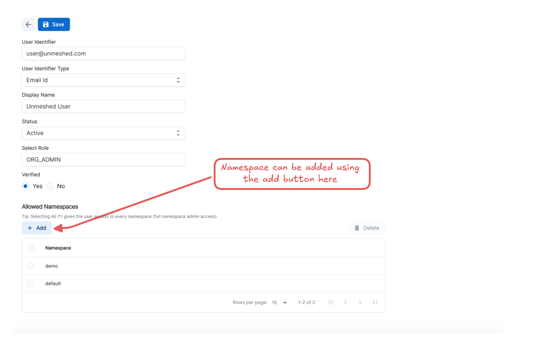 Assign Namespace Access on Users Page