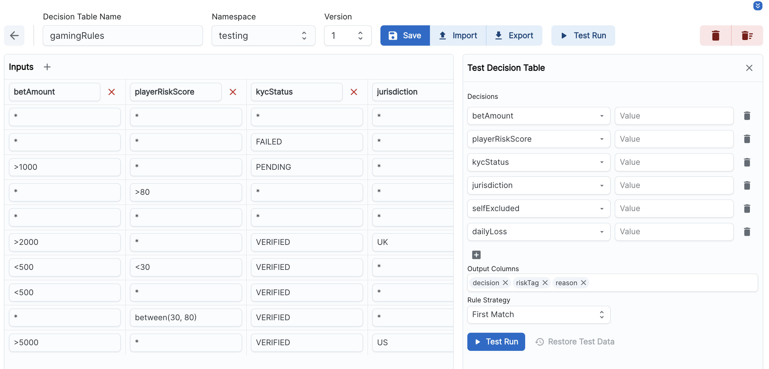 Decision engine table in light mode